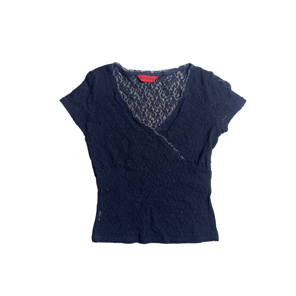 Poone Black Floral Lace Faux Wrap V-Neck Short Sleeve Top